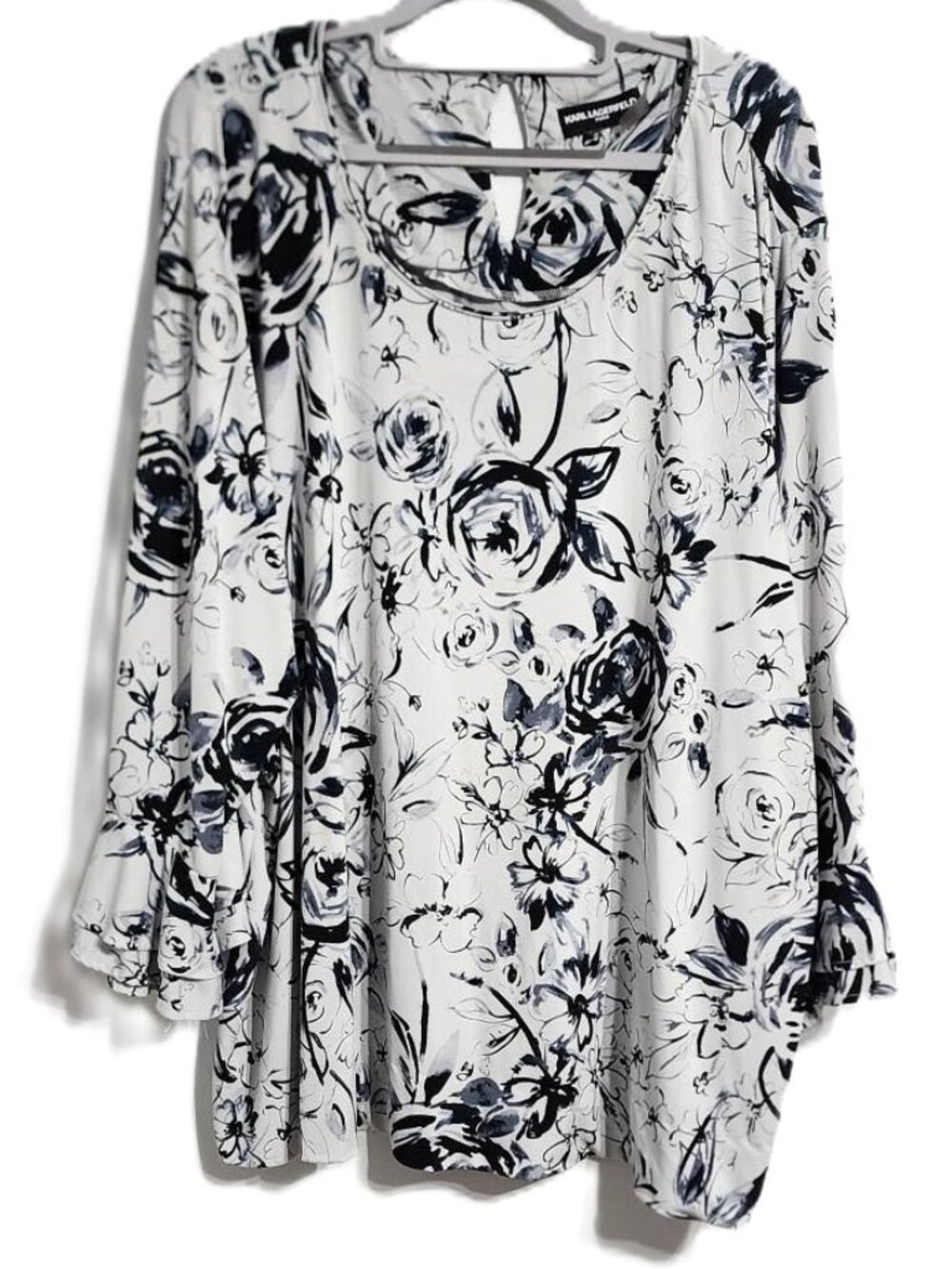 Karl Lagerfeld Paris 3X Black White Floral Ruffle Sleeve Blouse